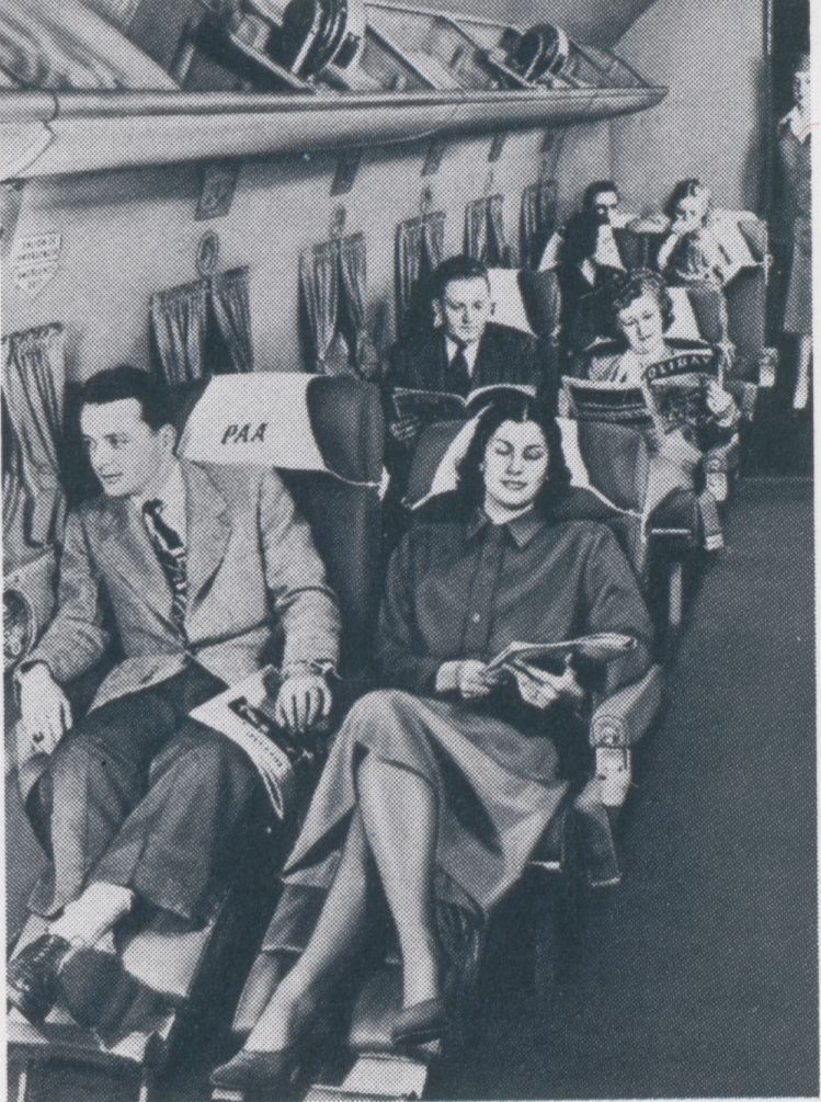 1940s After WW II Pan Am introduced land planes on long haul routes.  Berths we no longer practical on DC4 or Constellations so Sleeperette seats were offered with ample recline & footrests.